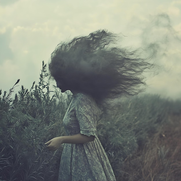 Photo a woman with hair blowing in the wind in a field