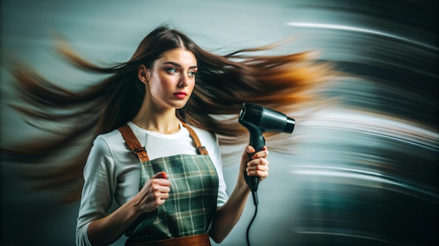 a woman with a hair dryer in the air