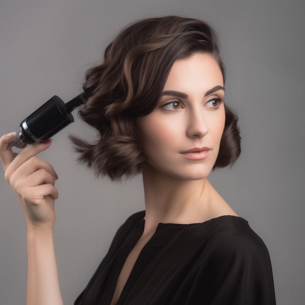 A woman with a hair dryer in her hair is holding a hair dryer.