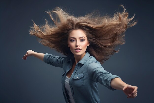 Photo a woman with hair flying in the air