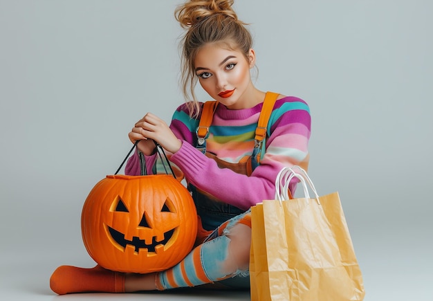 a woman with a halloween pumpkin in her hand