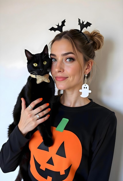 a woman with a halloween shirt that says halloween on it