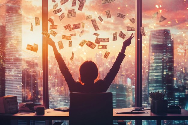 Photo woman with hands up in the air with money falling from the window