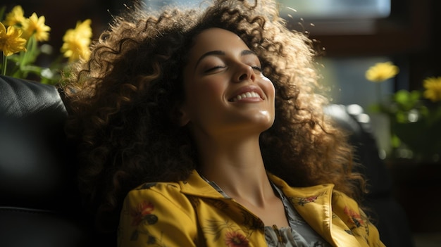 woman with happy face enjoying life relaxing on sofa breathing fresh air at Home