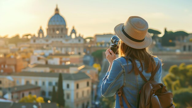 Photo a woman with a hat and a backpack takes a picture of the city of rome