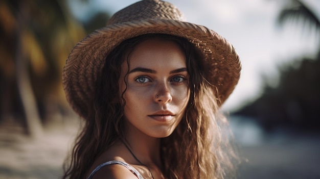 A woman with a hat on and a blue sky behind her