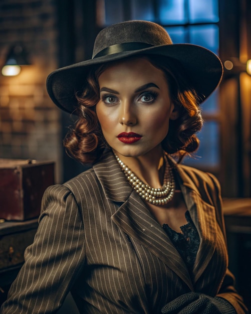 a woman with a hat and a dress on and a hat with a pearl necklace