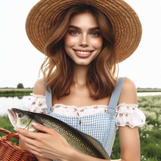 Photo a woman with a hat and a fish in her hand