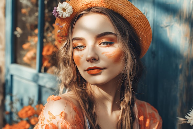 A woman with a hat and a flower on her head