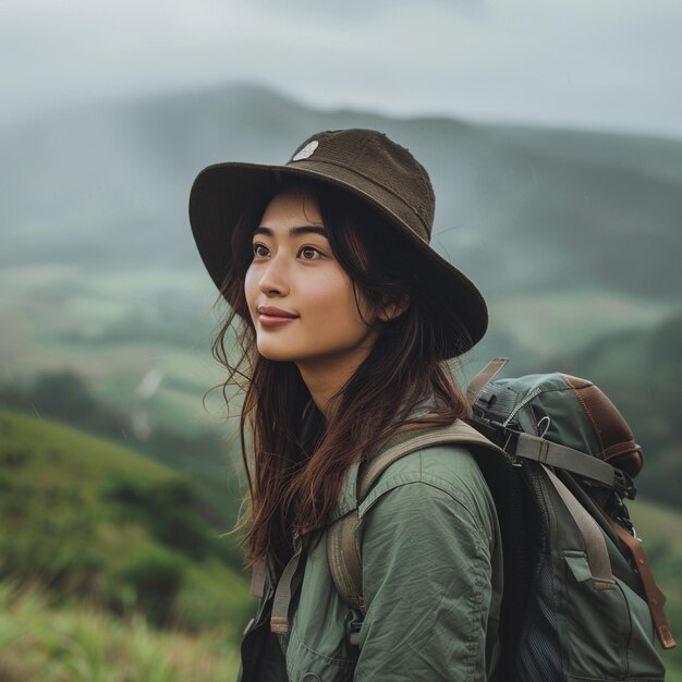 a woman with a hat and a hat is standing in a field