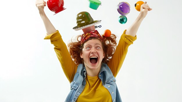 Photo a woman with a hat on her head is laughing with a hat on her head