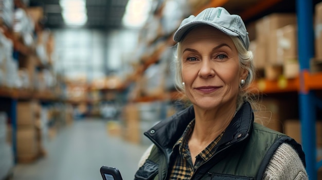 a woman with a hat on her head stands in a warehouse