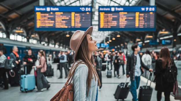 a woman with a hat is standing in front of a sign that says  airport