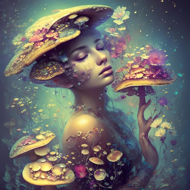 A woman with a hat and mushrooms in her hair