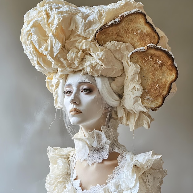 a woman with a hat and a piece of bread on her head