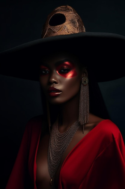 A woman with a hat and a red dress with a black hat with a gold feather on the front.