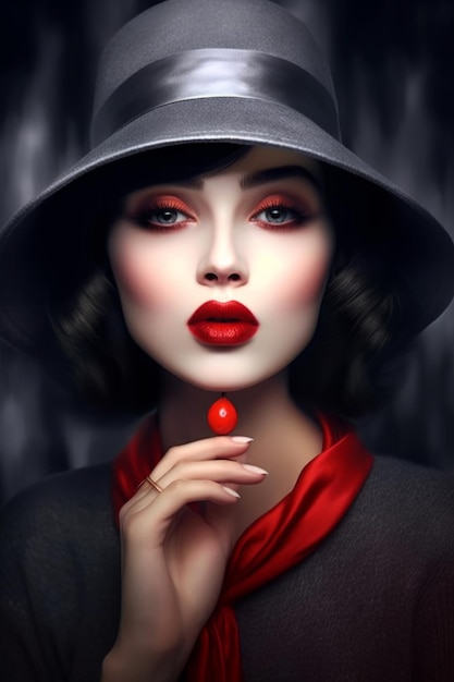 A woman with a hat and red lipstick