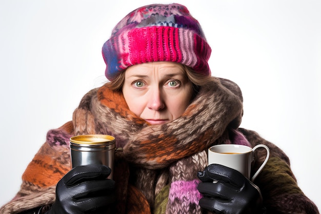 Woman with Hat Scarf Gloves and Thermometer and White Background