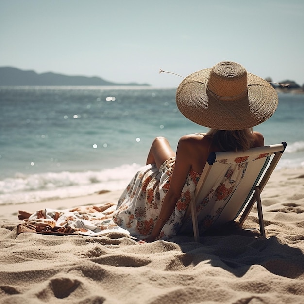 woman with a hat siiting on the beach looking at sea