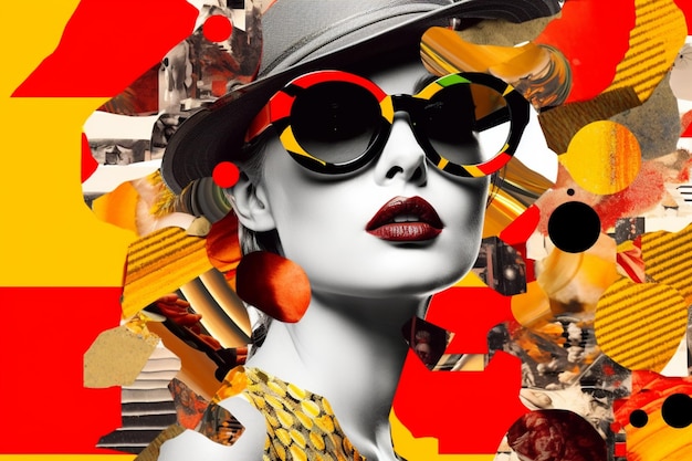 A woman with a hat and sunglasses is surrounded by various shapes and colors.