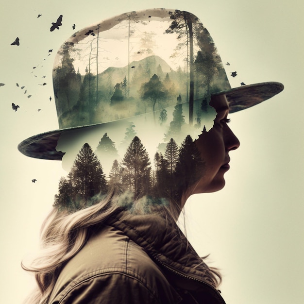 Photo a woman with a hat that has a picture of a forest and mountains on it.