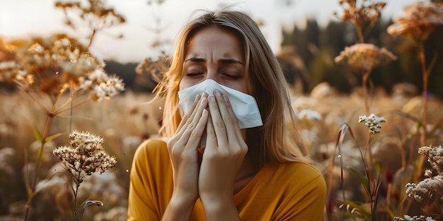 Photo woman with hay fever allergies blows nose in handkerchief due to pollen concept allergy symptoms hay fever pollen season seasonal allergies nasal congestion