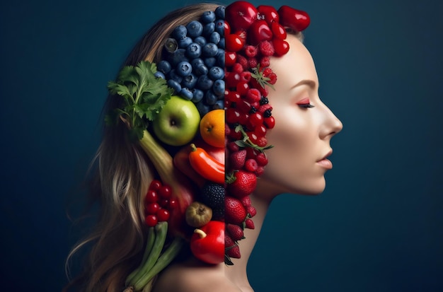 A woman with a head full of fruit