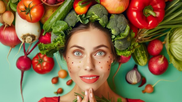 Photo woman with a head full of mixed vegetables against a bright background illustrating mental wellness through diet