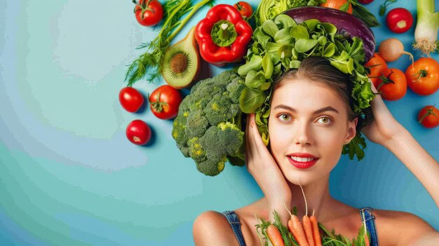 Photo woman with a head full of mixed vegetables against a bright background illustrating mental wellness through diet