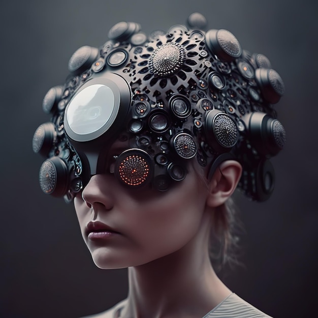 A woman with a head gear that has gears on it.