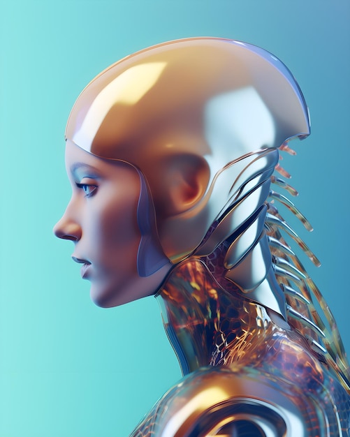 A woman with a head and neck that says'robot'on it