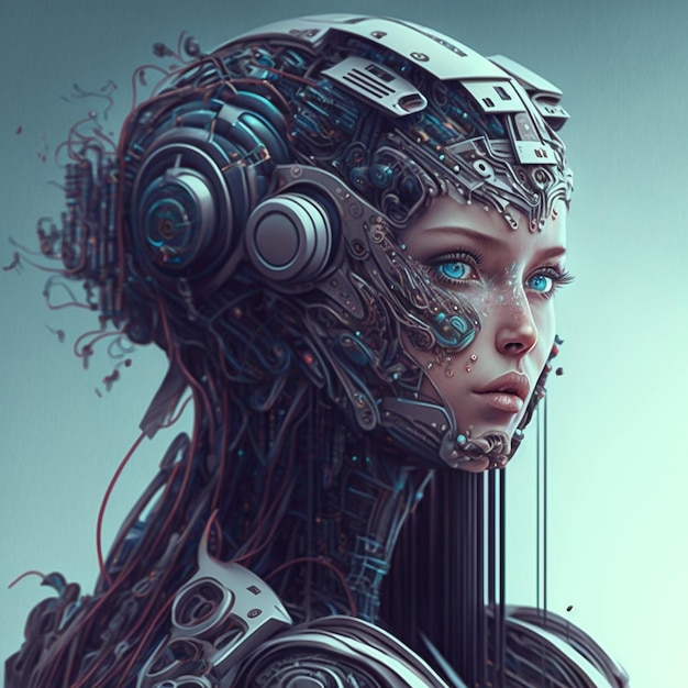 a woman with a head of a robot that has a lot of wires on it.