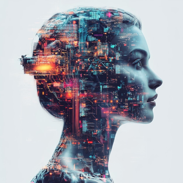 a woman with a head that says  cyber  on it