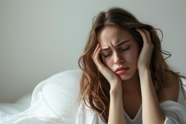 Photo woman with headache in bed