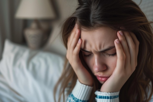 Photo woman with headache in bed