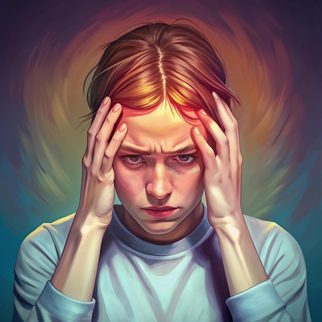 a woman with a headache holding her head with the word no on it