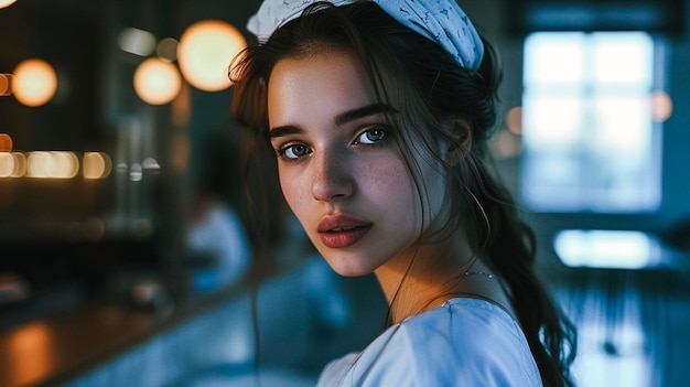 Woman with a headband on looking at the camera