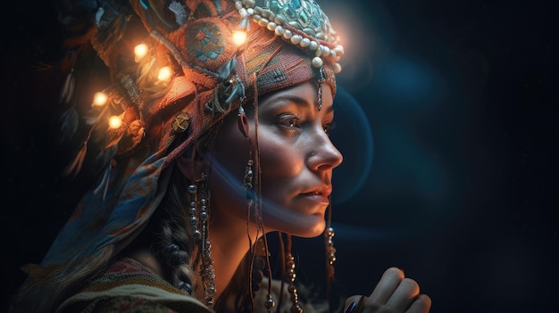 A woman with a headdress and a headdress stands in front of a dark background.