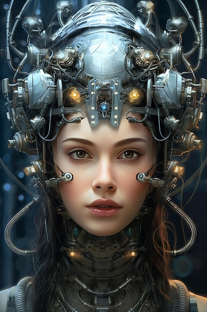 A woman with a headdress and a steampunk style head