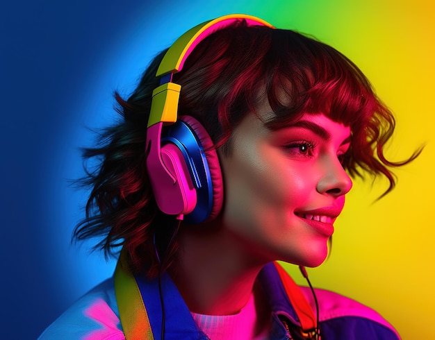 A woman with a headphone in front of a neon background