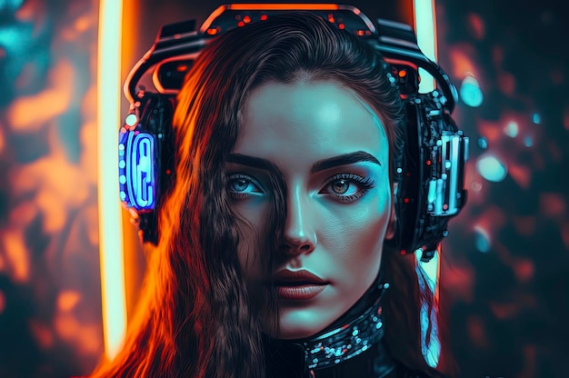 A woman with a headphone in front of neon lights