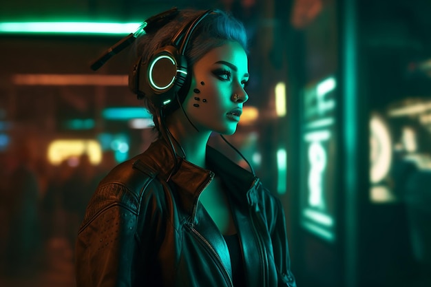 A woman with a headphone in front of a sign that says'cyberpunk '