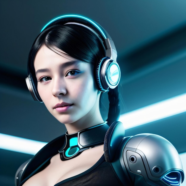 A woman with headphones on and a black shirt that says'robot'on it