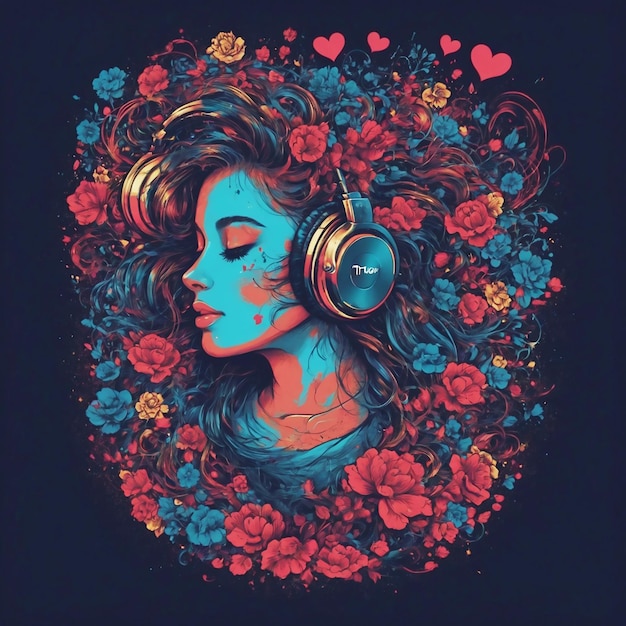 a woman with headphones and a blue background with flowers and hearts