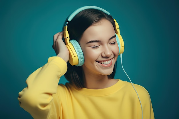 A woman with headphones on a blue background