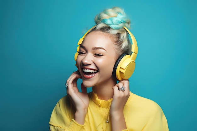 A woman with headphones on a blue background