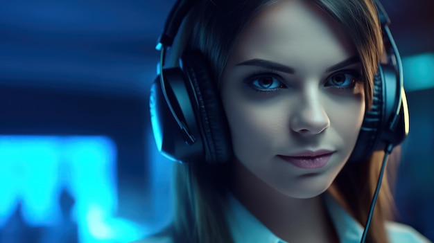 A woman with headphones on and a blue background