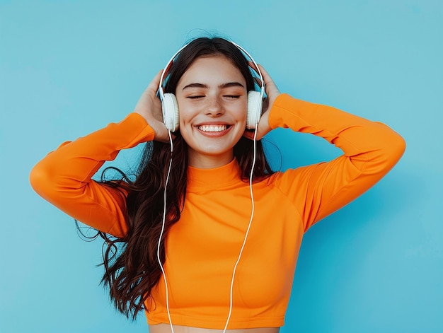 a woman with headphones on and a blue background