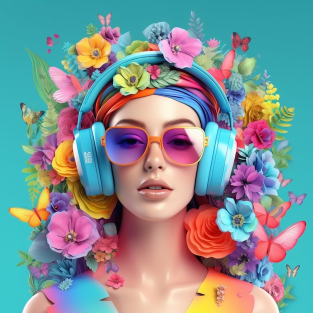 A woman with headphones on and a colorful background with flowers on it