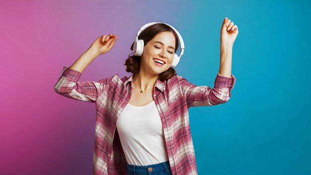 a woman with headphones on and a colorful background